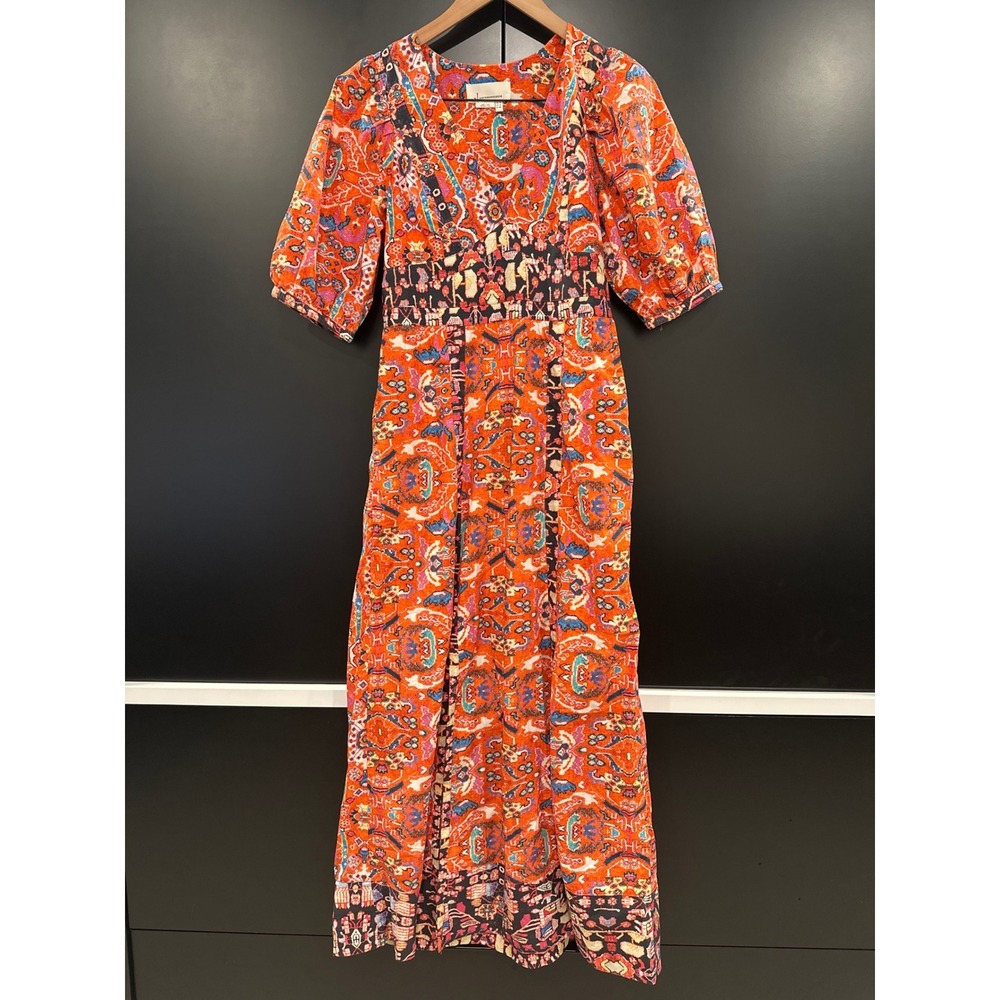 Anthropologie‎ Orange Paisley Tapestry V-Neck Puff Sleeve Maxi Dress Size 0
